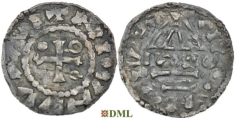 Денарий, Германия, Бавария, Heinrich II (985–995), м.д. Regensburg, монетарий MΛO, Hahn 1976, 22f1