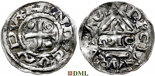 Денарий, Германия, Бавария, Heinrich II (955-995), м.д. Regensburg, монетарий ∾IC, Hahn 1976, 22g1.
