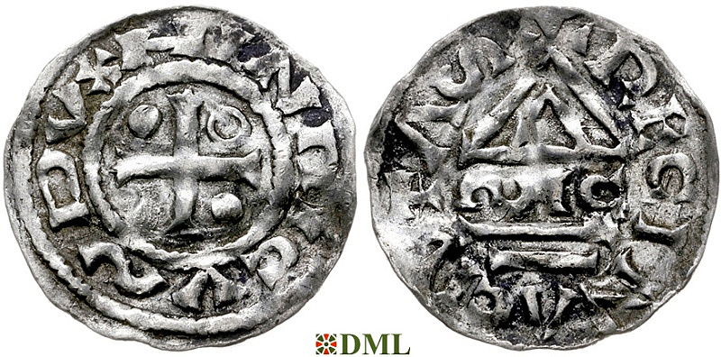 Денарий, Германия, Бавария, Heinrich II (955-995), м.д. Regensburg, монетарий ∾IC, Hahn 1976, 22g1.