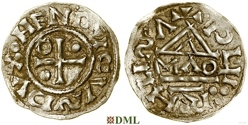Денарий, Германия, Бавария, Heinrich II (955-995), м.д. Regensburg, монетарий MΛO, Hahn 1976, 22f1.1