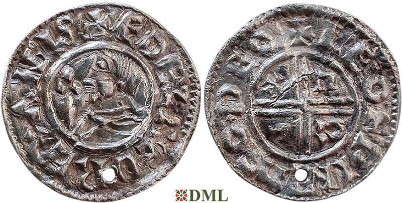 Денарий, Англия, Æthelred II (978-1016), м.д. Thetford, монетарий Leofpine, North 770