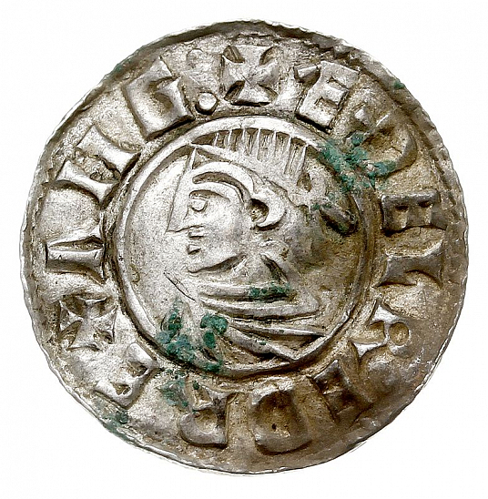 Денарий, Англия, Æthelred II (978-1016), м.д. Lincoln, монетарий Ræinald, North 777