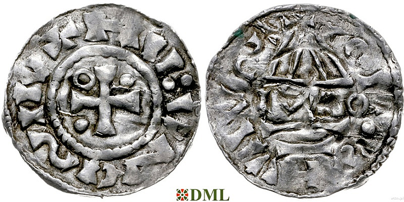 Денарий, Германия, Бавария, Heinrich II (955-995), м.д. Regensburg, монетарий MΛO, Hahn 1976, 22f1.4