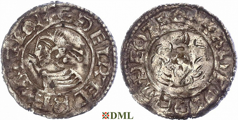 Денарий, Англия, Æthelred II (978-1016), м.д. Thetford, монетарий Alfwold, North 777