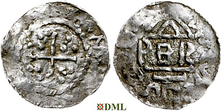 Денарий, Германия, Бавария, Heinrich II (955-973), м.д. Nabburg, монетарий PER, Hahn 1976, 68b1.1A