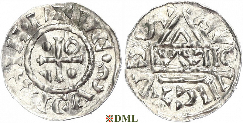 Денарий, Германия, Бавария, Heinrich IV (995-1002), м.д. Regensburg, монетарий WIC, Hahn 1976, 25e3