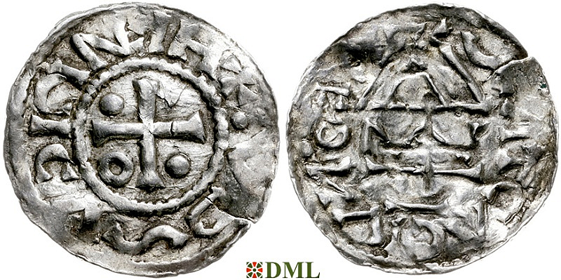 Денарий, Германия, Бавария, Heinrich II (955-995), м.д. Regensburg, монетарий MΛO, Hahn 1976, 22f1.