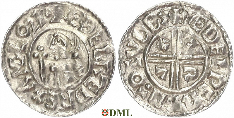 Денарий, Англия, Æthelred II (978-1016), м.д. Sudbury, монетарий Ædelperd, North 770