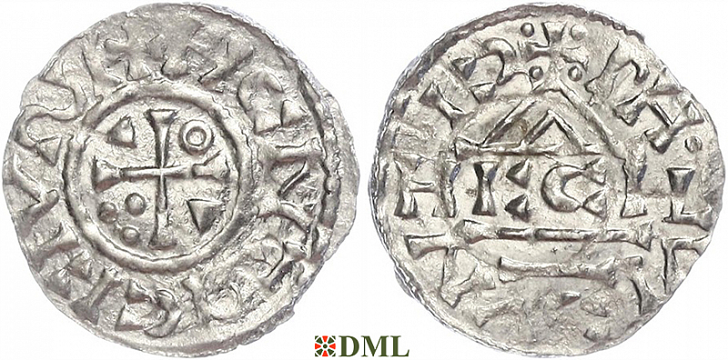 Денарий, Германия, Бавария, Heinrich II (1002-1024), м.д. Regensburg, монетарий HECIL, Hahn 1976, 27e1