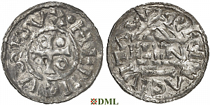 Денарий, Германия, Бавария, Heinrich II (985–995), м.д. Regensburg, монетарий ELLN, Hahn 1976, 22c2