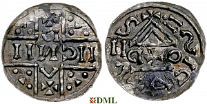 Денарий, Германия, Бавария, Heinrich V (1018-1023), м.д. Salzburg, монетарий O✠P, Hahn 1976, 99e2