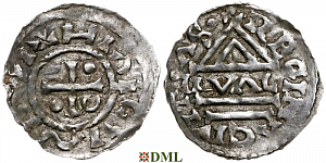 Денарий, Германия, Бавария, Heinrich II (955-995), м.д. Regensburg, монетарий GVΛL, Hahn 1976, 22d1.1