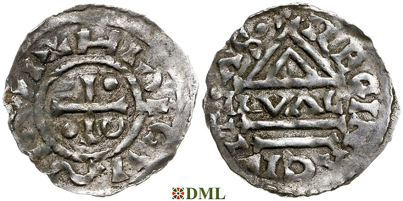 Денарий, Германия, Бавария, Heinrich II (955-995), м.д. Regensburg, монетарий GVΛL, Hahn 1976, 22d1.1