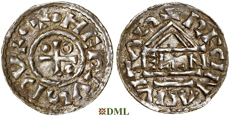 Денарий, Германия, Бавария, Heinrich II (985–995), м.д. Regensburg, монетарий ELLN, Hahn 1976, 22c2.