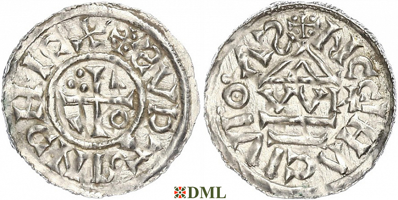 Денарий, Германия, Бавария, Heinrich II (1002-1024), м.д. Regensburg, монетарий OWИ, Hahn 1976, 27j1