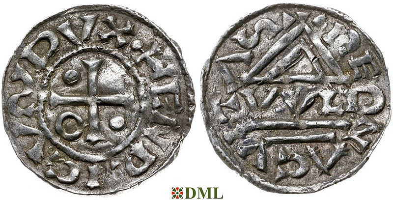 Денарий, Германия, Бавария, Heinrich II (955-995), м.д. Regensburg, монетарий WLD, Hahn 1976, 22h2