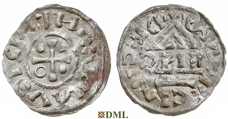 Денарий, Германия, Бавария, Heinrich IV (995-1002), м.д. Regensburg, монетарий EИC, Hahn 1976, 25c6.2