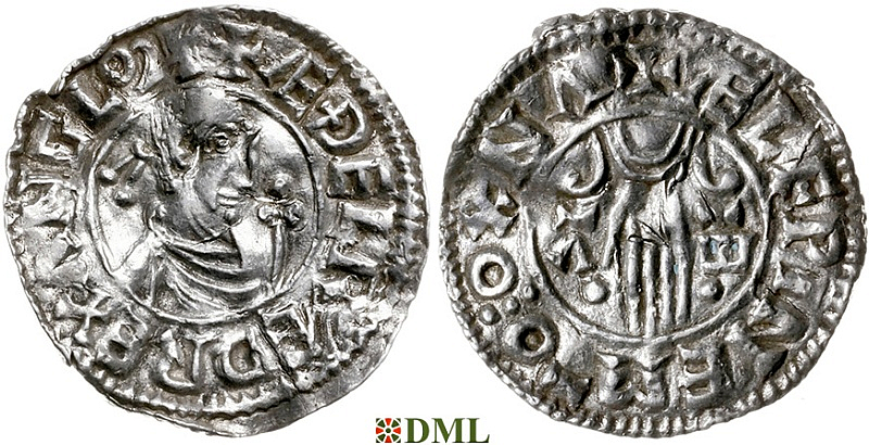 Денарий, Англия, Æthelred II (978-1016), м.д. Oxford, монетарий Ælfwine, North 768