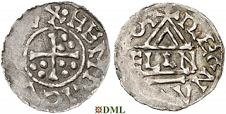 Денарий, Германия, Бавария, Heinrich II (955-976), м.д. Regensburg, монетарий ELLIN, Hahn 1976, 15d1