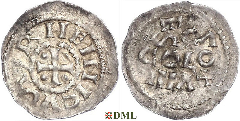 Денарий, Германия, Нижняя Лотарингия, Heinrich II (1002-1024), м.д. Koln, Dbg. 350