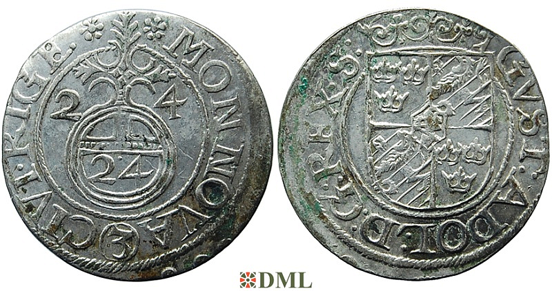 Драйпёлькер (полторак), Швеция, Рига (город), Густав II Адольф (1611-1632), м.д. Рига, минцмейстер Martin Wulff II, 1624 г., Haljak 1462