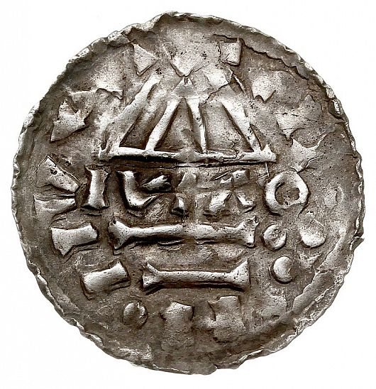 Денарий, Германия, Бавария, Hg. Heinrich II (985-995), м.д. Regensburg, монетарий MAO, Hahn 1976, 22f1