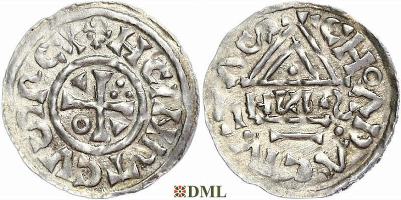 Денарий, Германия, Бавария, Heinrich II (1002-1024), м.д. Cham, монетарий HИƧ,  Hahn 1976, 80b2