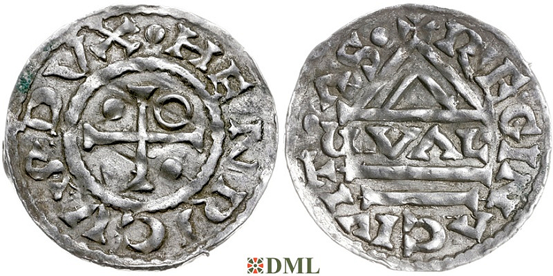 Денарий, Германия, Бавария, Heinrich II (955-995), м.д. Regensburg, монетарий GVɅL, Hahn 1976, 22d1.1