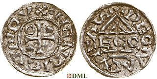 Денарий, Германия, Бавария, Heinrich II (985-995), м.д. Regensburg, монетарий ECCO, Hahn 1976, 22b2.2