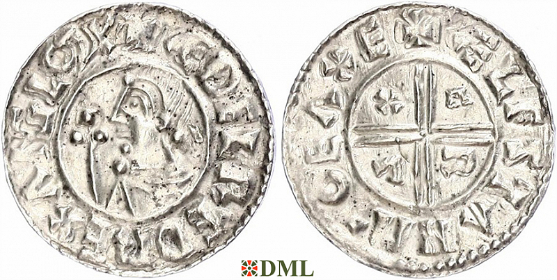 Денарий, Англия, Æthelred II (978-1016), м.д. Exeter, монетарий Æflstan, North 770