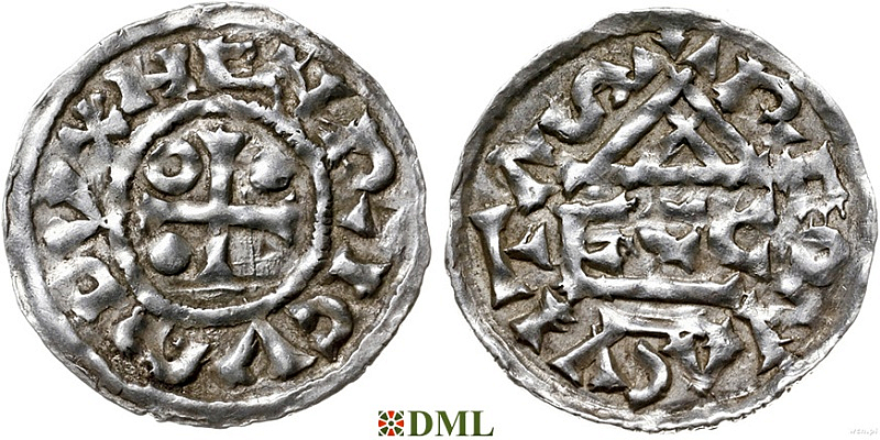 Денарий, Германия, Бавария, Heinrich II (985-995), м.д. Regensburg, монетарий ECCO, Hahn 1976, 22b2.6