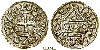 Денарий, Германия, Бавария, Heinrich II (985-995), м.д. Regensburg, монетарий ECCO, Hahn 1976, 22b2.2