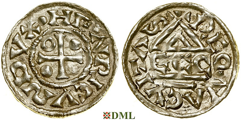 Денарий, Германия, Бавария, Heinrich II (985-995), м.д. Regensburg, монетарий ECCO, Hahn 1976, 22b2.2