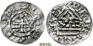 Денарий, Германия, Бавария, Heinrich II (955-995), м.д. Regensburg, монетарий GVΛL, Hahn 1976, 22d1.1