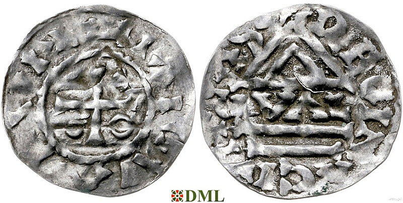 Денарий, Германия, Бавария, Heinrich II (955-995), м.д. Regensburg, монетарий GVΛL, Hahn 1976, 22d1.1