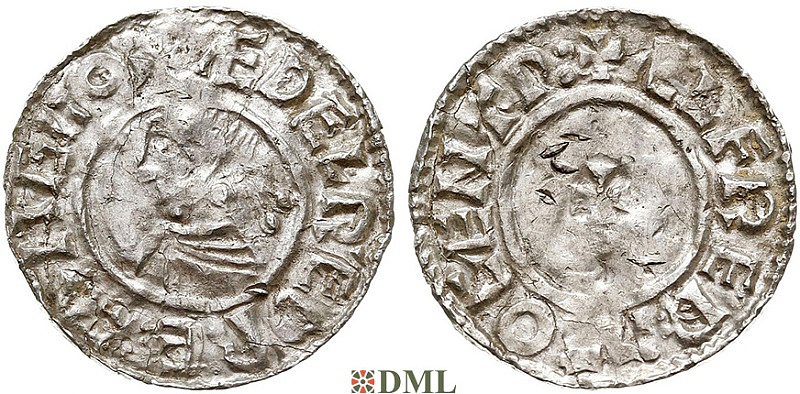 Денарий, Англия, Æthelred II (978-1016), м.д. Canterbury, монетарий Elfred, North 777