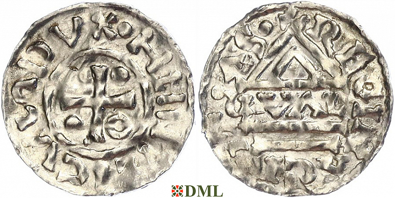 Денарий, Германия, Бавария, Heinrich II (985–995), м.д. Regensburg, монетарий GVΛL, Hahn 1976, 22d1