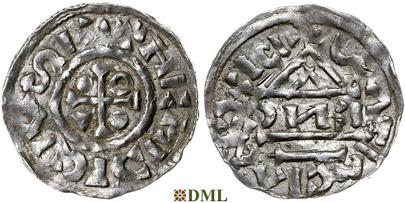 Денарий, Германия, Бавария, Heinrich IV (995-1002), м.д. Regensburg, монетарий EИC, Hahn 1976, 25с6.