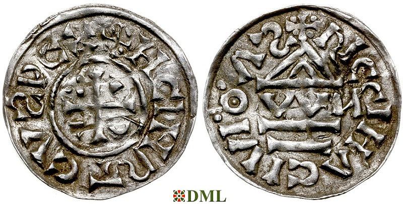 Денарий, Германия, Бавария, Heinrich II (1002-1024), м.д. Regensburg, монетарий OWИ, Hahn 1976, 27j1.1