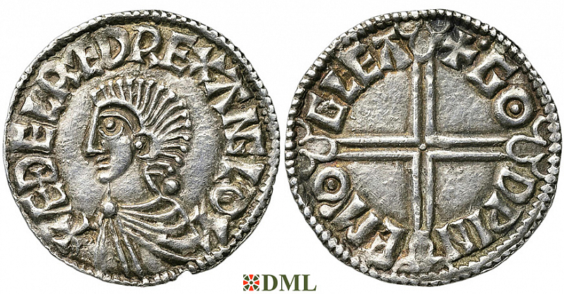 Денарий, Англия, Æthelred II (978-1016), м.д. Gloucester, монетарий Godpine, North 774