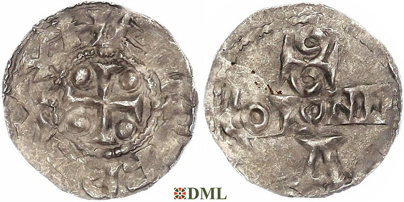 Денарий, Германия, Нижняя Лотарингия, Heinrich II (1002-1024), м.д. Koln, Dbg. 345