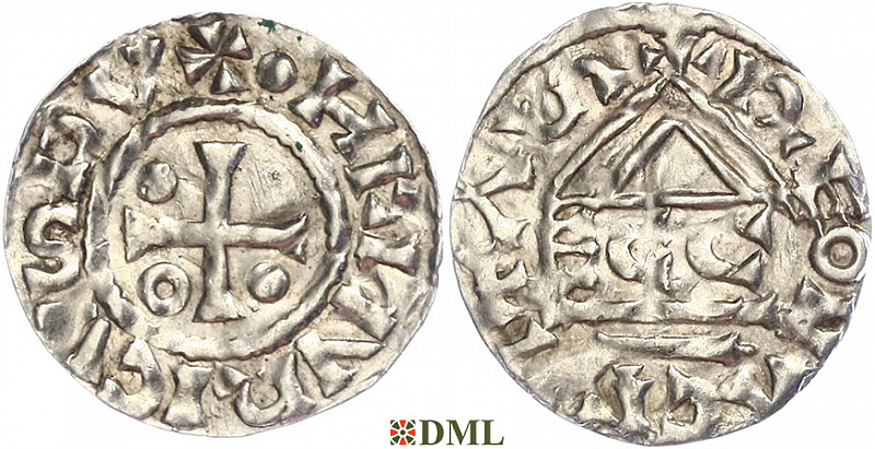 Денарий, Германия, Бавария, Heinrich II (985-995), м.д. Regensburg, монетарий ECCO, Hahn 1976, 22b2