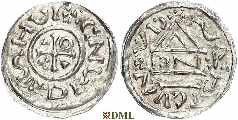 Денарий, Германия, Бавария, Heinrich II (1002-1024), м.д. Regensburg, монетарий EИCI, Hahn 1976, 27d3