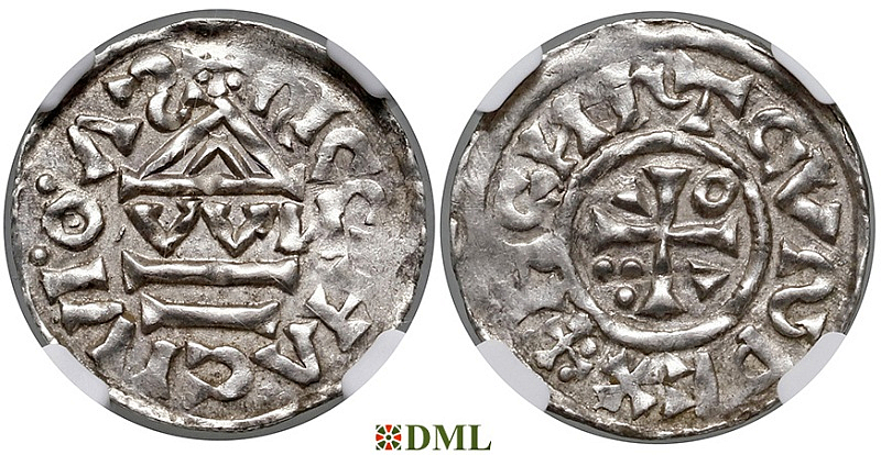 Денарий, Германия, Бавария, Heinrich II (1002-1024), м.д. Regensburg, монетарий OWИ, Hahn 1976, 27j1.1