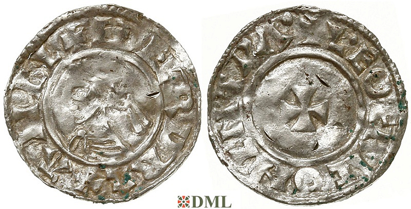 Денарий, Англия, Æthelred II (978-1016), м.д. Canterbury, монетарий Leofric, North 777