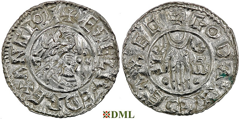 Денарий, Англия, Æthelred II (978-1016), м.д. Exeter, монетарий Goda, North 768