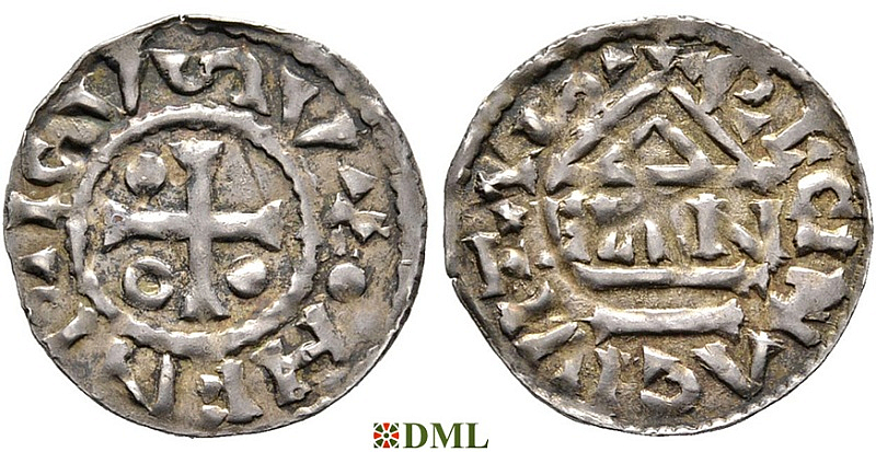 Денарий, Германия, Бавария, Heinrich II (985–995), м.д. Regensburg, монетарий ELLN, Hahn 1976, 22c2