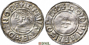 Денарий, Дания, Knut (1018-1035), м.д. Lund, монетарий Dorel