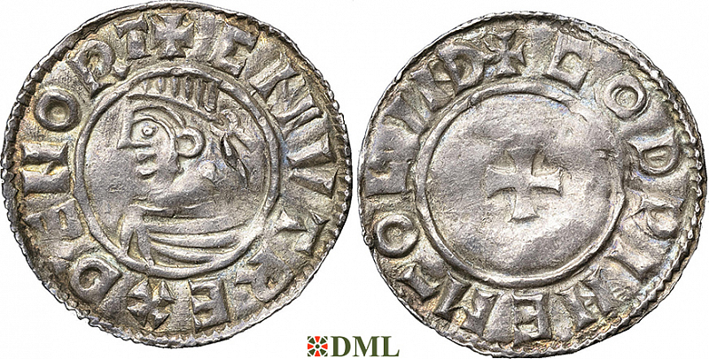 Денарий, Дания, Knut (1018-1035), м.д. Lund, монетарий Dorel