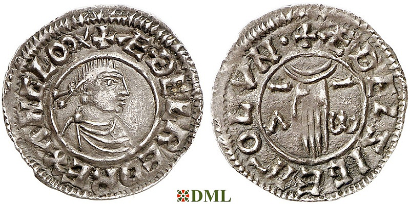 Денарий, Англия, Æthelred II (978-1016), м.д. London, монетарий Ædelsig, North 766
